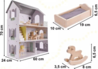 Három szintes és öt szobás Fa babaház bútorokkal - 70 cm