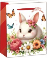 Nyuszi virágokkal mintás Szalagfüles papír ajándéktasak (18 x 23 cm) - Mintás