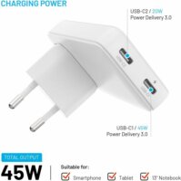Fixed Slim Traveller 2xUSB-C Hálózati Utazó Gyorstöltő Adapter 45W - Fehér