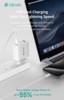 Devia ST111967 Extreme Speed Series USB-A / 2x USB-C Hálózati Gyorsöltő Adapter 65W + USB-C Kábel - Fehér