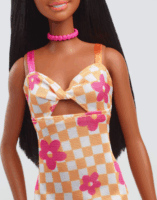 Mattel Barbie Fashionista - Fekete hajú Barbie baba kockás virágmintás midi ruhában