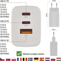 Emos V05G65 USB-A / 2x USB-C Hálózati Töltő Adapter 65W - Fehér
