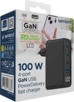 Gembird PDQC100LCD 3xUSB-C / USB-A GaN Hálózati Gyorstöltő Adapter 100W - Fekete