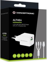 Conceptronic ALTHEA16W USB-C / USB-A Hálózati Gyorstöltő Adapter 33W + 3in1 töltőkábel - Fehér