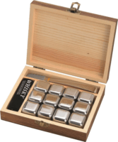 WoMa 12 db-os rozsdamentes acél whisky jégkocka készlet fadobozban bársonyzacskóval és csipesszel