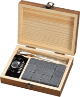 WoMa 12 db-os prémium bazalt whisky jégkő készlet fadobozban fekete bársony zacskóval és csipesszel