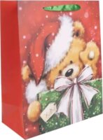 Maci mikulássapkában Papír szalagfüles ajándéktasak karácsonyra (18 x 23 cm) - Mintás