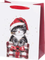 Cica mintás csillámló szalagfüles papír ajándéktasak karácsonyra (26 x 32 cm)
