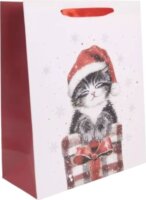 Cica mintás csillámló szalagfüles papír ajándéktasak karácsonyra (26 x 32 cm)