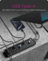 ICY BOX IB-HUB1720-U3 USB-A 3.2 20-Port Hub 96W (18x USB 3.2 Gen1 + 2x USB 3.2 Gen2)
