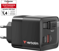 Verbatim 32217 GaN USB-C PD USB-A Hálózati gyorstöltő 65W + USB-C kábel - Fekete
