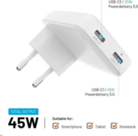 Fixed 2xUSB-C Hálózati Töltő Adapter 45W - Fehér