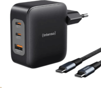 Intenso USB-A / 2x USB-C Hálózati Gyorstöltő Adapter 100W + USB-C kábel - Fekete