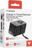 Verbatim 30191 Charge n Travel Univerzális Utazó Adapter 100W USB-C kábellel - Fekete