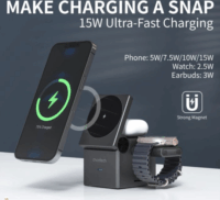 Choetech T632-F 3in1 Magnetic Fülhallgató/Telefon/Okosóra Wireless töltő 15W - Fekete