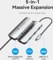 Vention TQDHB NB x Univerzális USB-C 5in1 Laptop Dokkoló Állomás 100 Watt - Szürke