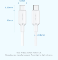 Vention USB Type-C 2.0 Apa - USB Type-C 2.0 Apa Adat és Töltőkábel 2m - Fehér