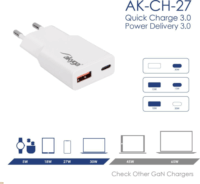 Akyga USB-A / USB-C Hálózati Gyorstöltő Adapter 30W - Fehér