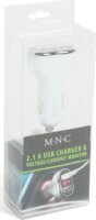 M.N.C Feszültségmérős Autós szivargyújtó töltő 2xUSB - Fehér