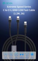 Devia ST111653 USB-C Apa - USB-C Apa + Lightning Adat és töltőkábel 1,2 m - Fekete